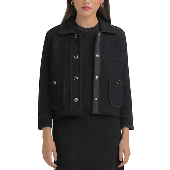 St. John Multiscale Textured Stretch Knit Collared Jacket Black XL Old Money - Picture 2 of 16